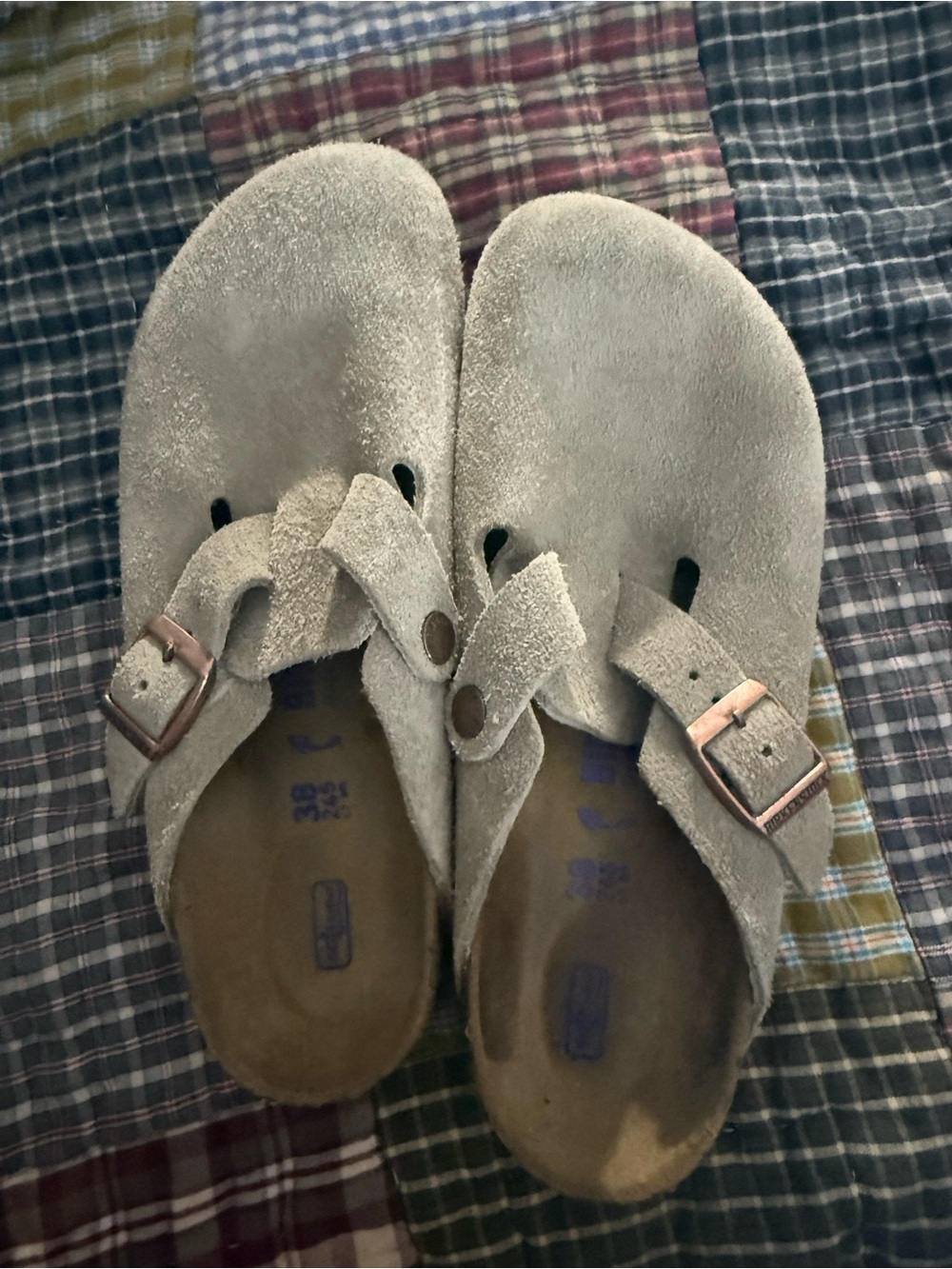 Birkenstock Suede Taupe Sandals with Rose Gold Buckles